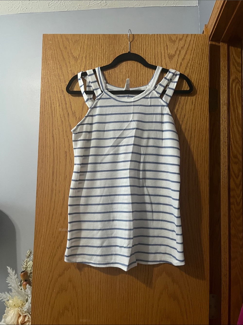 7th Ray White and Blue Striped Double-Strap Tank